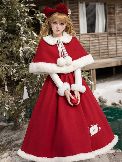 Red Fur Apple with Collar Lolita Cape Buttons Faux Christmas White