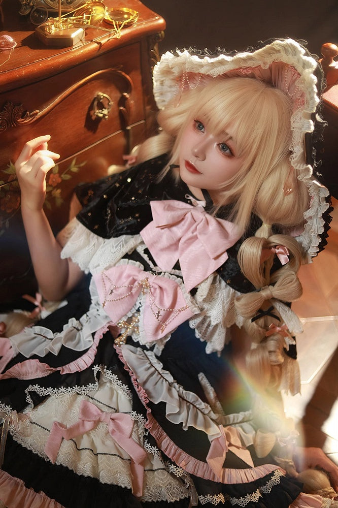 Schwarz-Rosa Süßes Hexenkleid mit hoher Taille, Lolita-Pulloverrock, komplettes Set