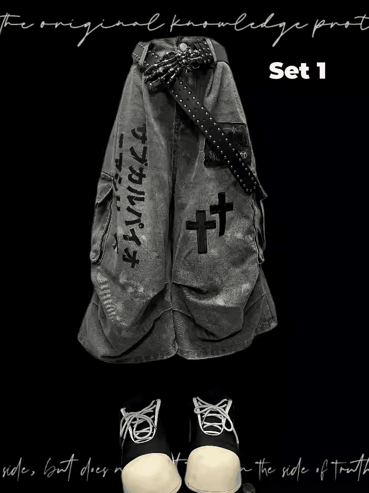 Light Wide-leg Appliques Cross Punk Blue Distressed Wasteland Jeans Cargo