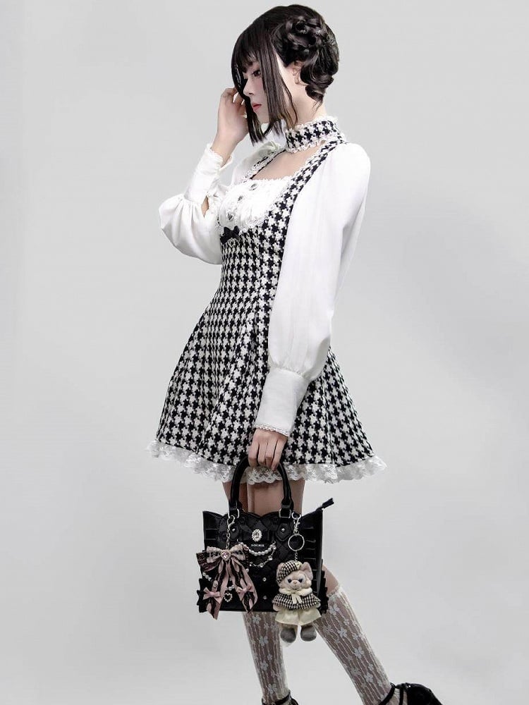 Kei Design Long One-Piece with White Details Black Dress Choker Houndstooth Jirai Lace Sleeve
