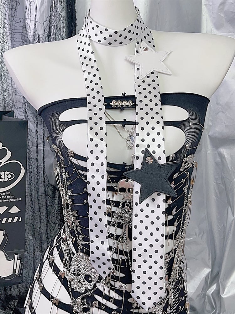 Applikation Stern Krawatte Muster Weiß/Schwarz Polka Dot Y2K Hals