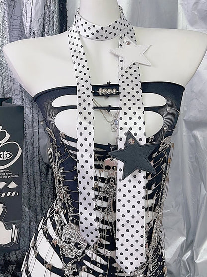 Applikation Stern Krawatte Muster Weiß/Schwarz Polka Dot Y2K Hals