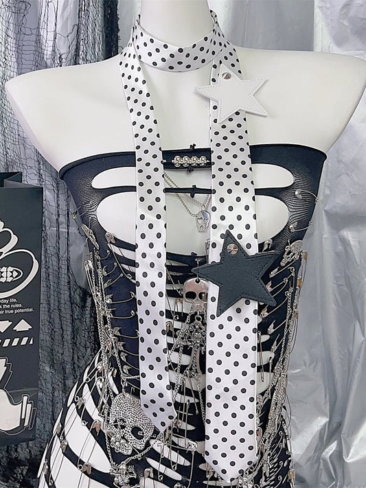 Applikation Stern Krawatte Muster Weiß/Schwarz Polka Dot Y2K Hals