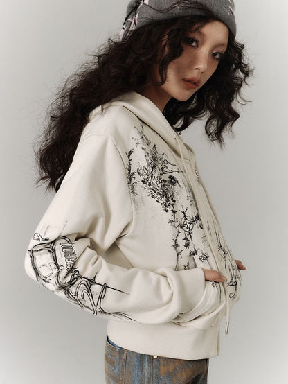 Zwei-Wege-Knopfleiste und Kordelzug Kapuze Leichte Reißverschluss-Kapuzenjacke mit Grün / Grau