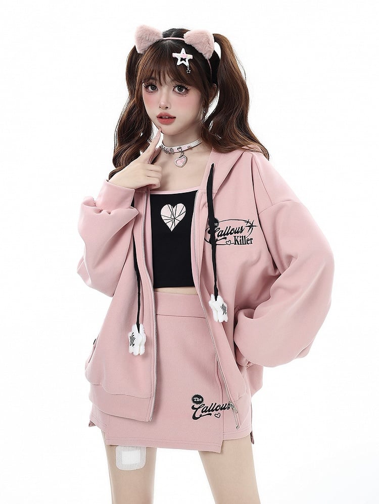 Charm Fleece-lined Pink Star Jacket Chest Embroidered with Design Hooded Drawstrings