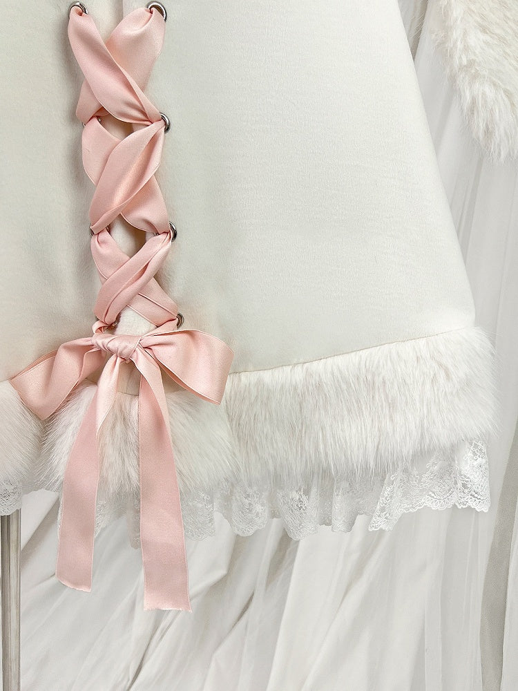 Plush Hooded Lace Oversized with Bunny Bows Winter and Pink White Ears Cape Trim