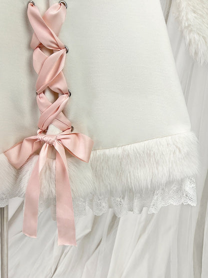 Plush Hooded Lace Oversized with Bunny Bows Winter and Pink White Ears Cape Trim