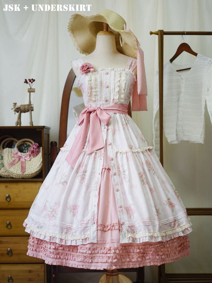 Pink Rosette Print Natural Kei Summer Floral Dress Front Button Placket Hem Lolita Jumper Skirt
