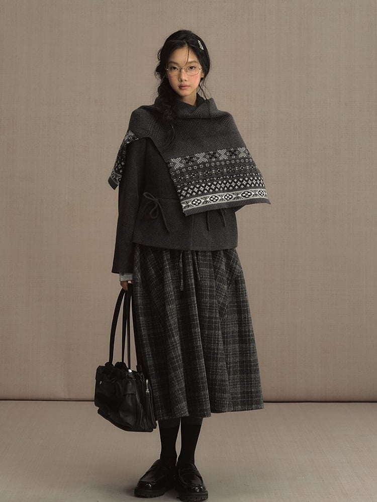 Gray Elastic Waist Tweed Plaid Tea Length Skirt