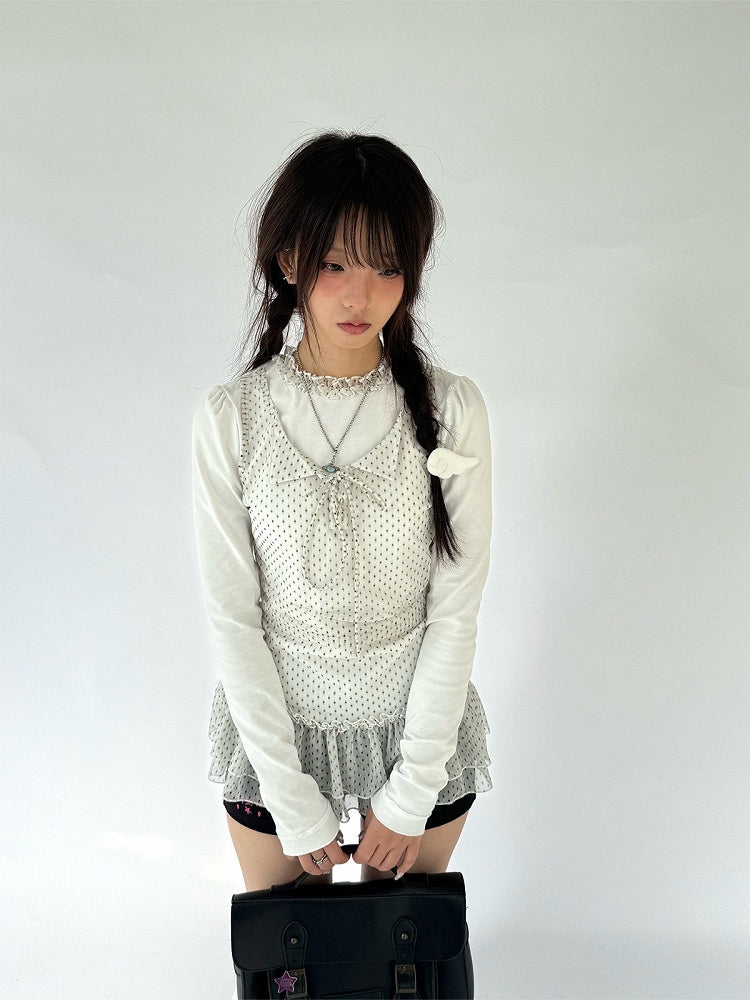 Ruffled Long Two-Piece White with Polka-Dot Lace Fake Trim Shirt Sleeve