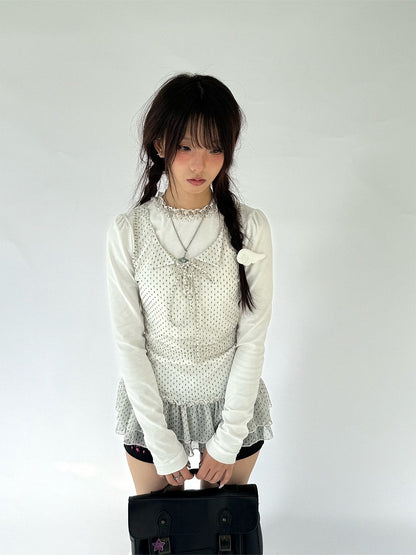 Ruffled Long Two-Piece White with Polka-Dot Lace Fake Trim Shirt Sleeve