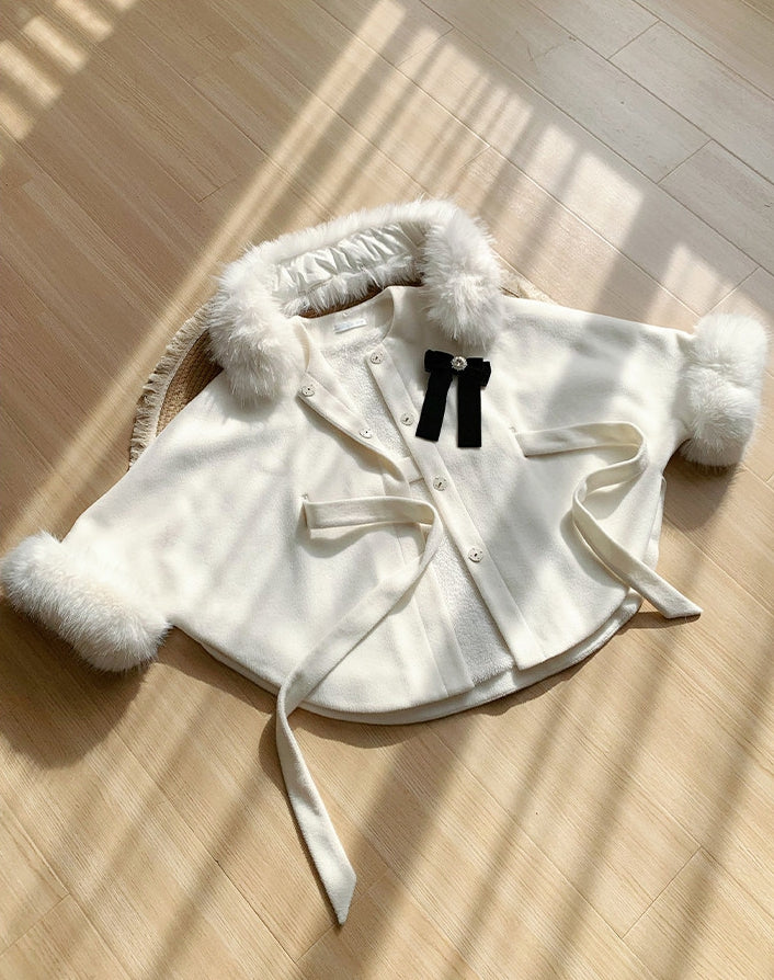 Detachable Lining Coat Fleece Cape with Fur Winter Lolita Collar White