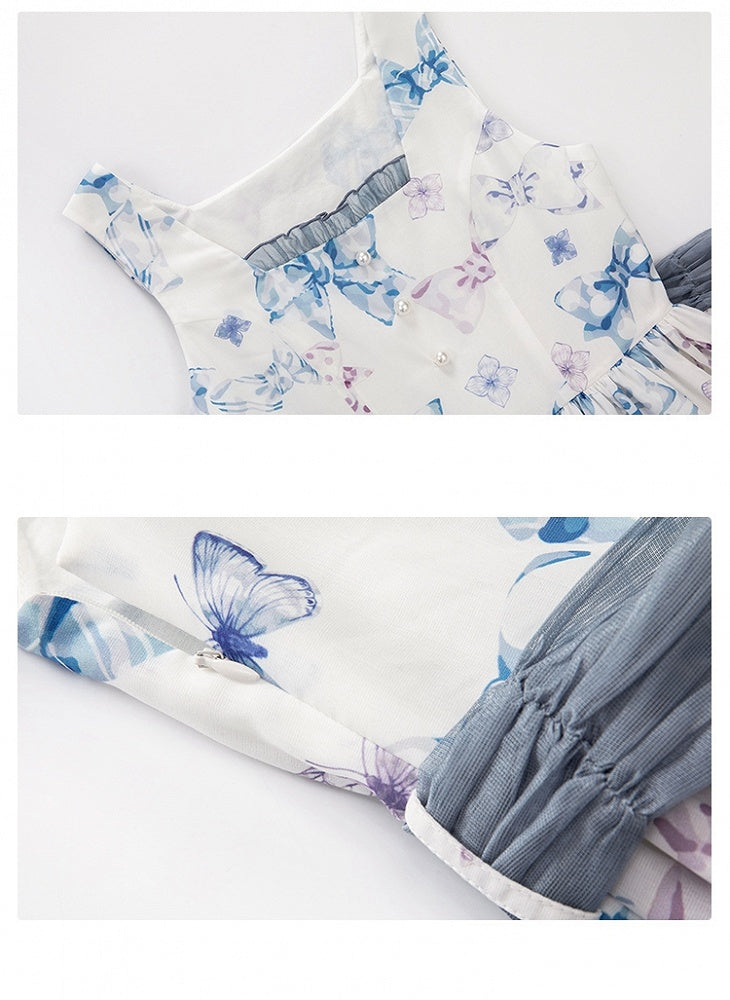 Sweet Bowknots Print Blue High Waist Retao Lolita Dress