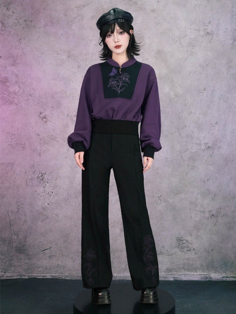 Gothic Black Flared Trousers with Asymmetrical Iris Embroidery - Quirky Hut