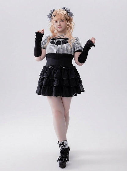 Black Faux Two-Piece Houndstooth Halter Knit Top with Arm Warmers - Fluffy Heart