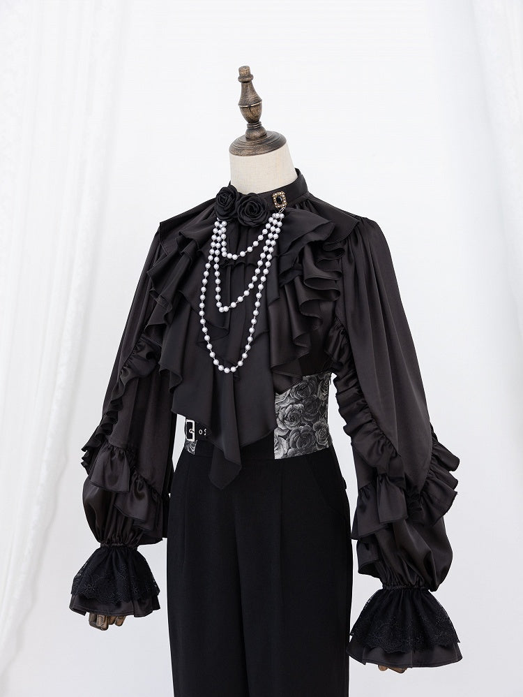 All-Black Ruffled Bodice Shirt with Flounce Trim and Long Sleeves - DevilInspired Exclusive Collection
