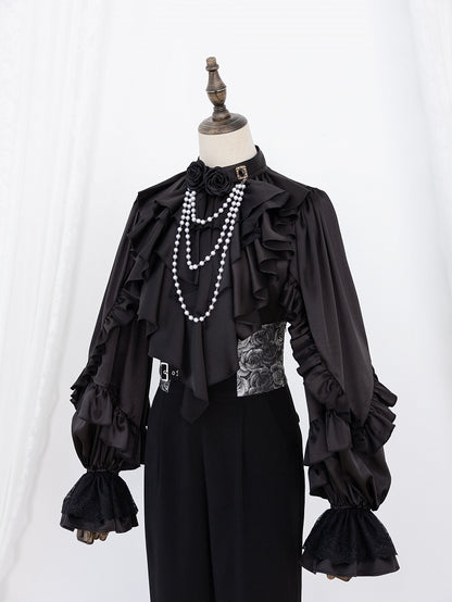 All-Black Ruffled Bodice Shirt with Flounce Trim and Long Sleeves - DevilInspired Exclusive Collection
