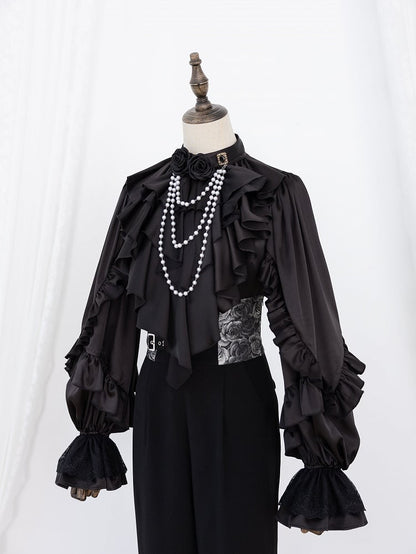 All-Black Flounce Trim Shirt with Cascading Ruffles - DevilInspired Exclusive Collection