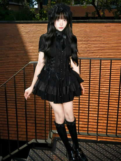Gothic Layered Ruffle Lolita Dress in Black with Stand Collar & Cinched Waist, Short Sleeve - muggle studio