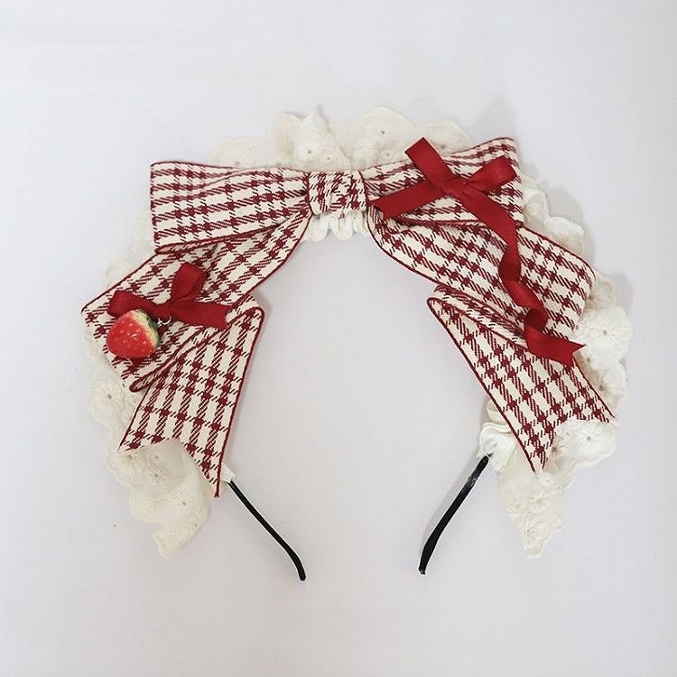 Bow with KC Charm Strawberry Red Plaided Lace White and Trim