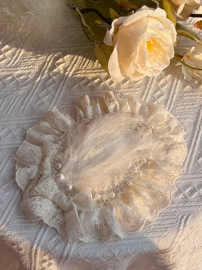 Bead Elegant Hat Beige Feather and Lolita Mini Details