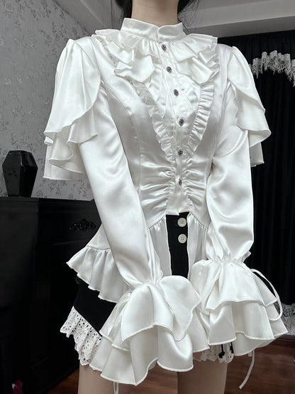 Blouse Ouji Lolita White Shoulder Aristocrat with Cascading Panels Ruffle