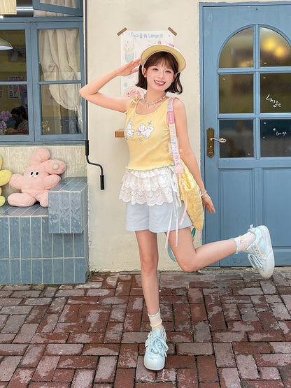 セルフタイイエローパピー刺繍レタス裾タンクトップストラップショルダー付き