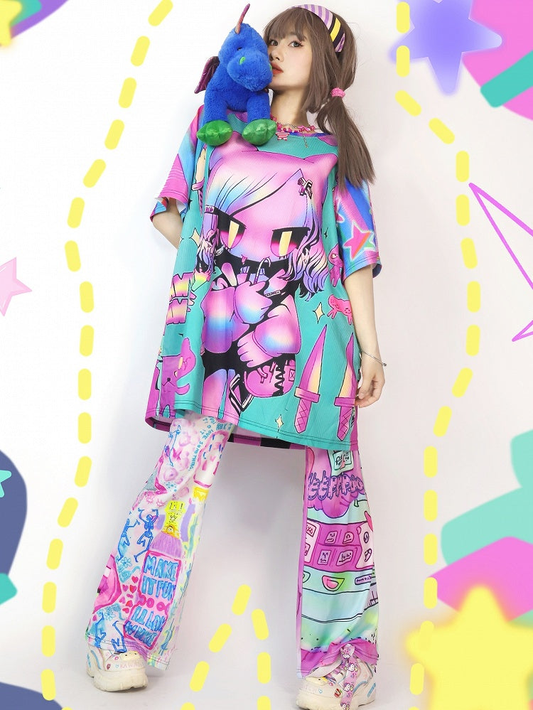 ギャルのカラフルな漫画のショートストライプファッションパターンプリントスリーブTシャツ