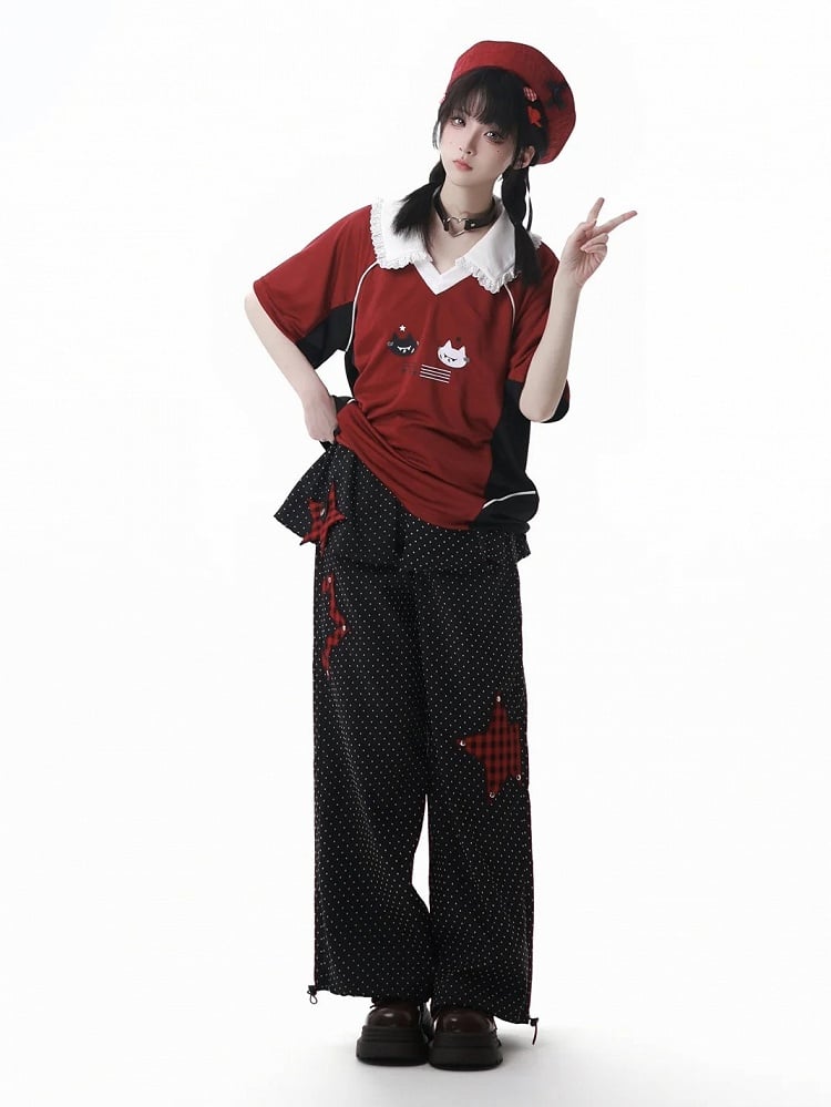 Cuffs Dot Casual Pants Red Plaid Star Applique Drawstring Black Polka