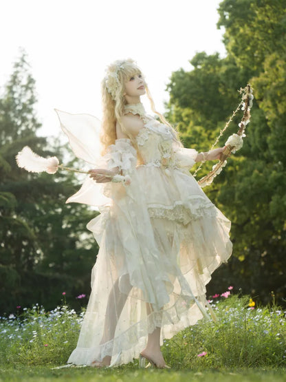 Lolita Fairycore Kleid JSK Beige Volles Design Prinzessin und Set Schmetterling Blumen