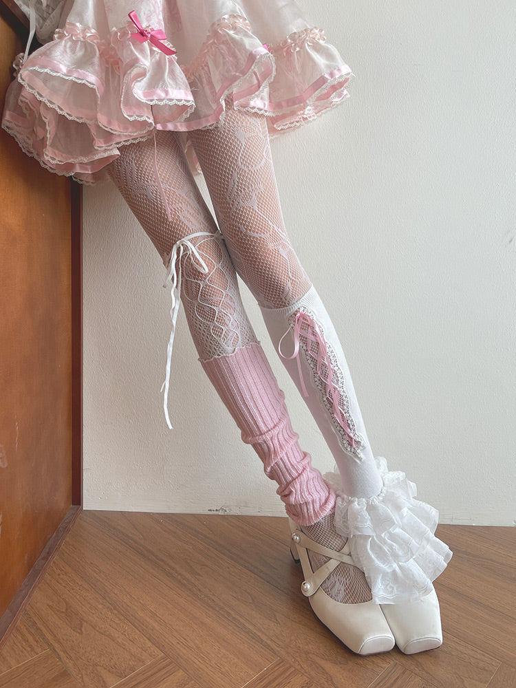 Straps Leg Hollow-out Ruffle Underknee Tights/Pink Warmers/White Cuffs Lace Stockings/Self-tie Lace-up White