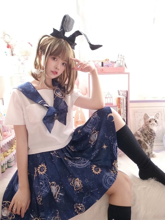 Navy Blue Celestial Globes Print JK Uniform Pleated Skirt