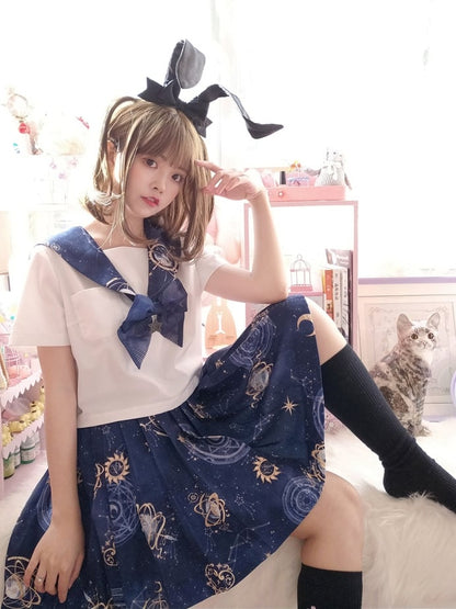 Navy Blue Celestial Globes Print JK Uniform Pleated Skirt