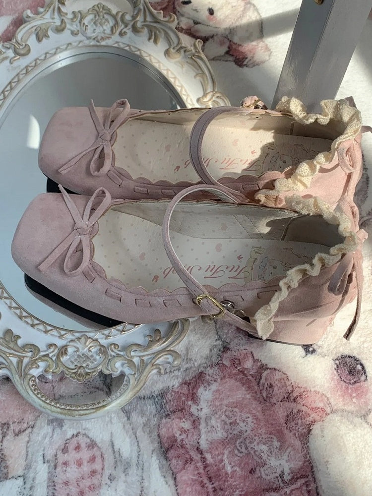 Mid - Toe Bow Lolita Pink Elegant for Square Heel Mary Janes Accent with
