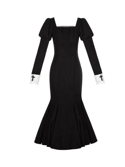 Mermaid with Cross Juliette Patch Dress Lolita Embroidery Sleeves Cuffs Black
