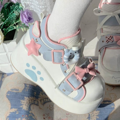 Platform - Embroidery Lolita Blue White Sweet Regular/Thicken Sneakers Version Paw