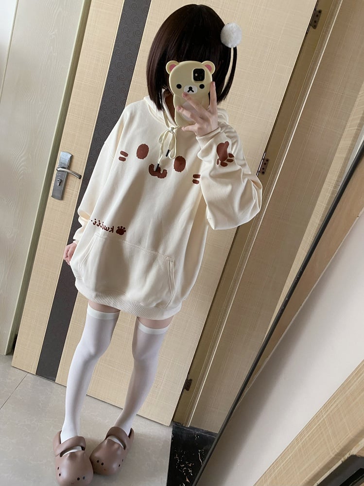 Hoodie Front Pouch with Themed Print Cat Pocket Off-white