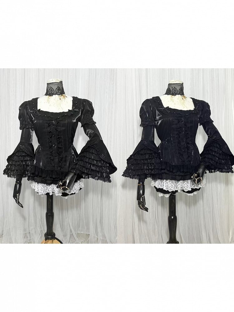 Black Lace-trimmed Sleeves Neck with Puff Sleeve Short Blouse Square