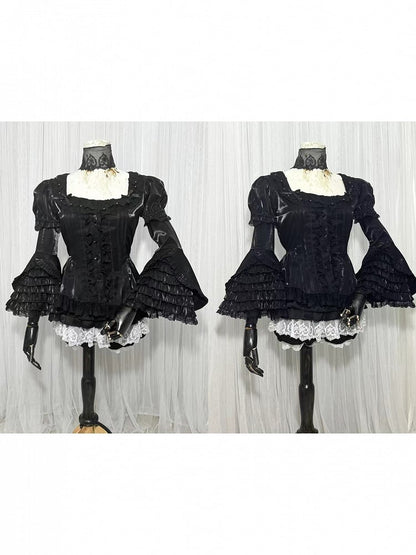 Black Lace-trimmed Sleeves Neck with Puff Sleeve Short Blouse Square