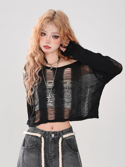 Crop Top Detailing Black Neckline - Asymmetrical Knit Intricate Distressed