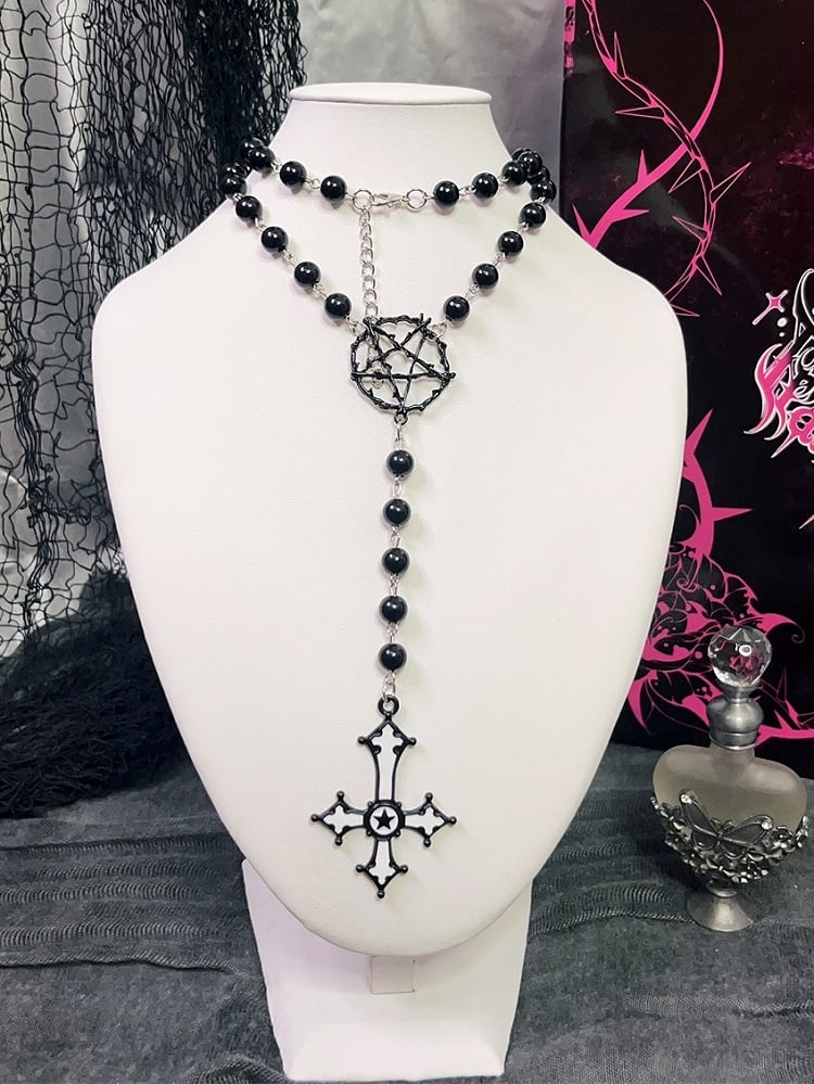 And Cross Beaded Pendant Necklace Black Pentagram