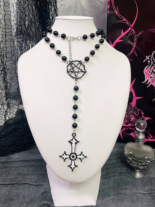 And Cross Beaded Pendant Necklace Black Pentagram
