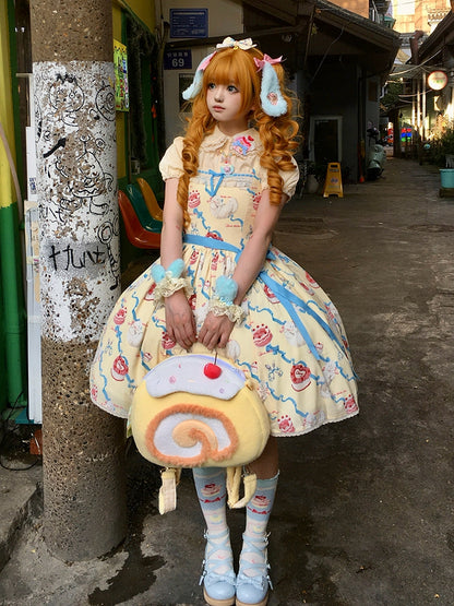 Süßes Lolita-Kleid, süßer Showa-Pullover, gelber Kitty-Creme-Print-Rock, flauschig