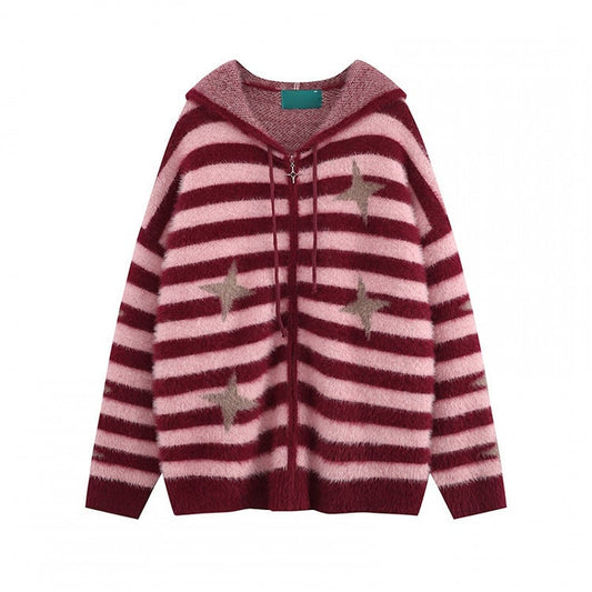 Y2K Jacket with Pattern Closure Star Stripe Zip Pink Four-point