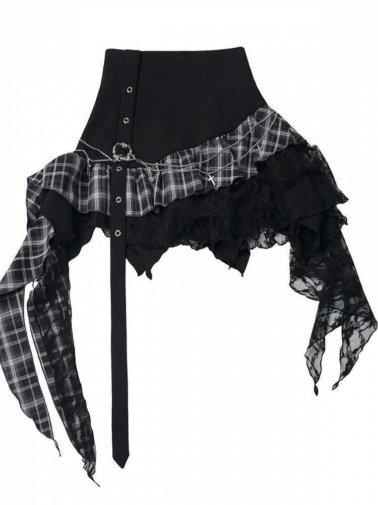 Asymmetrical Gray Black Plaid Skirt Chain Decoration - PINK SAVIOR