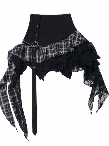 Asymmetrical Gray Black Plaid Skirt Chain Decoration - PINK SAVIOR
