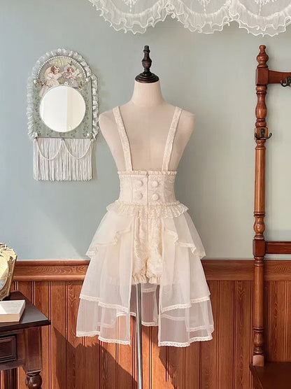 with High Detachable Straps Waist Beige Shoulder Lolita Bloomer Shorts Ouji