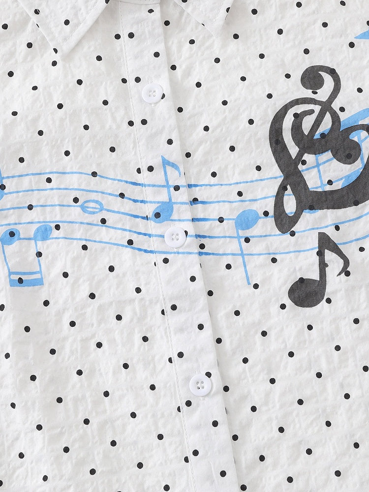 White Short Sleeve Shirt with Musical Note Print - Languid Park