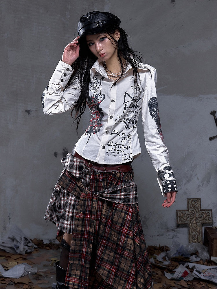 Straps Punk Beige Hand-Drawn with Motifs Back Shirt Vintage Studded