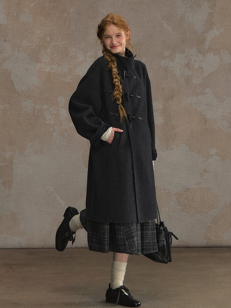Overcoat Placket with Toggle Vintage Wool Gray Buttons Elegant Dark Blend Asymmetrical